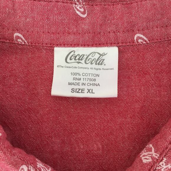 Coca-Cola Shirt Mens Extra Large Red/White Short Sleeved Button Down 100% Cotton - Picture 5 of 9